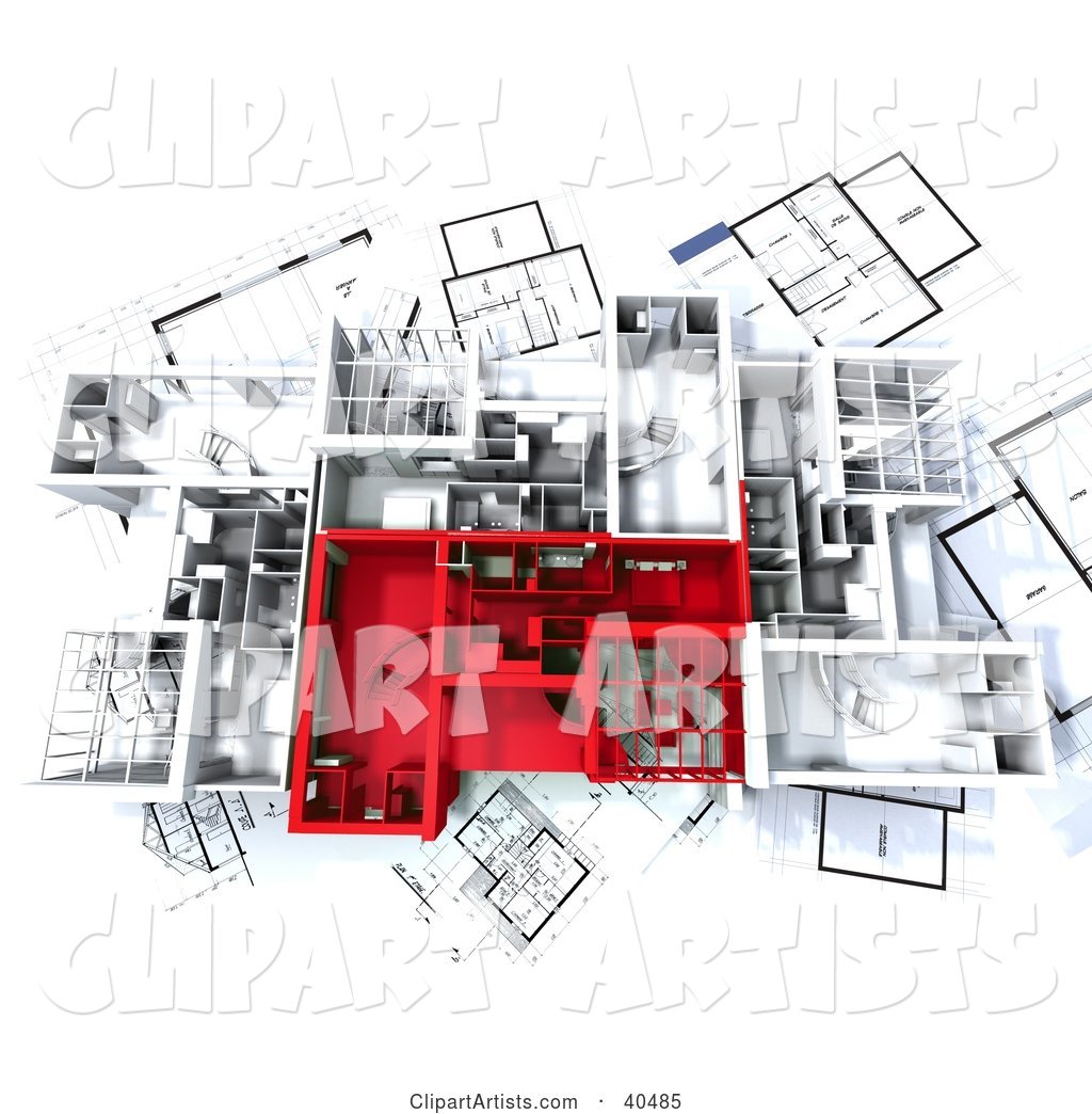 Aerial View of Red and White Home Floor Plans