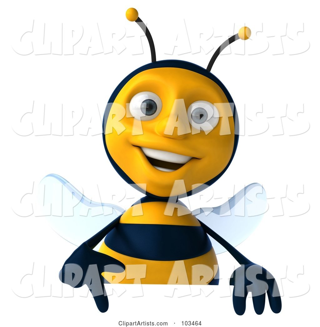 Bee Character Pointing down at a Sign