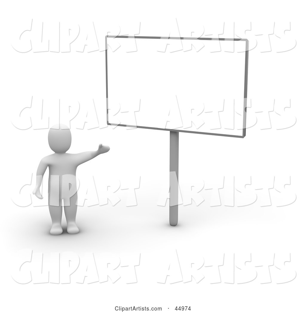 Blanco Man Character Presenting a Blank Billboard Sign