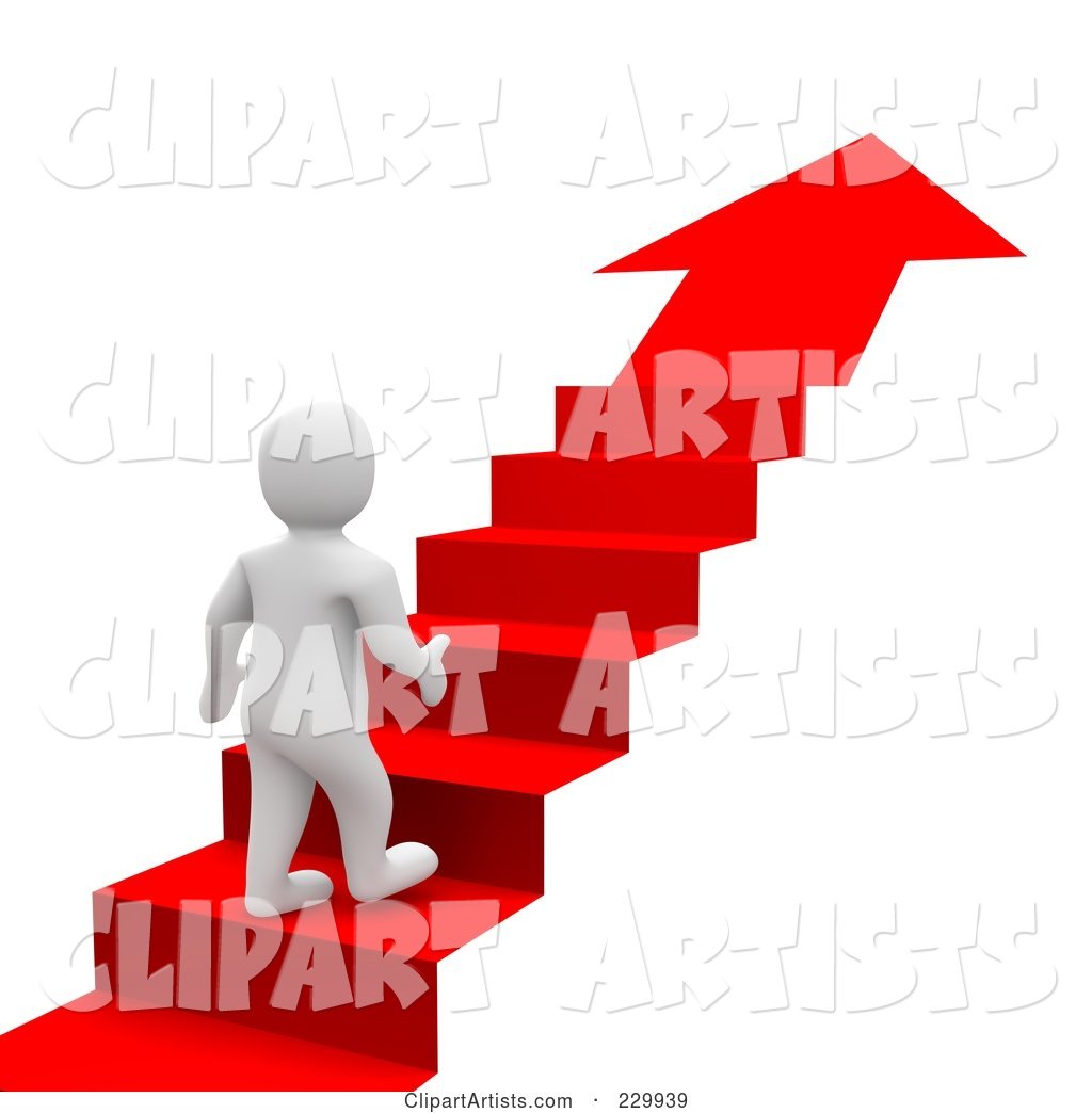 Blanco Man Climbing up a Red Carpet Arrow Staircase