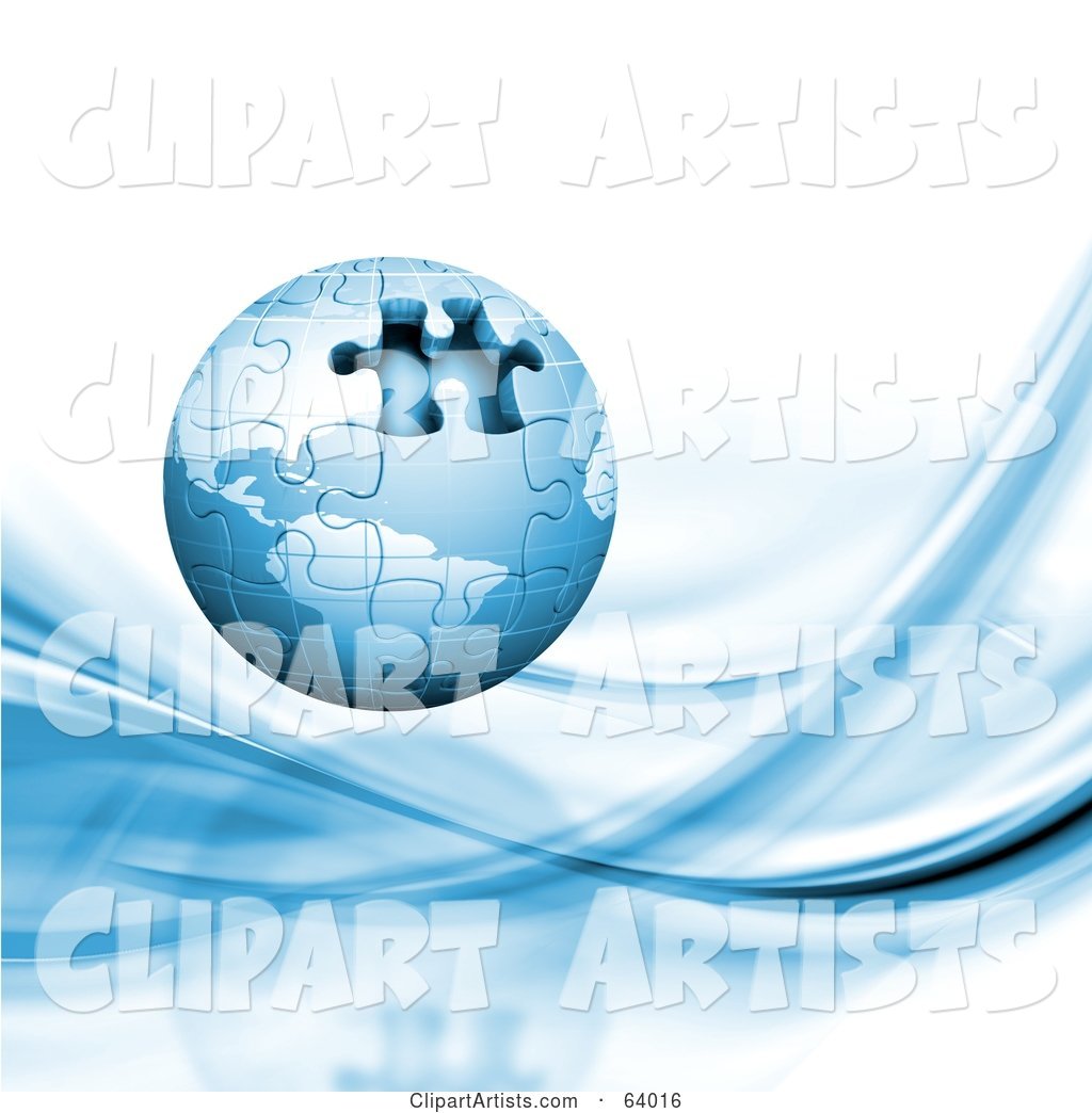 Blue Globe Puzzle with One Missing Piece over a White Background with Blue Waves