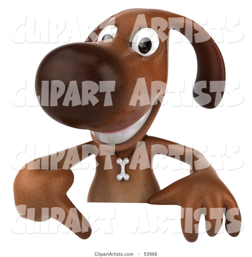 Brown Pooch Character Pointing down at and Standing Behind a Blank Sign