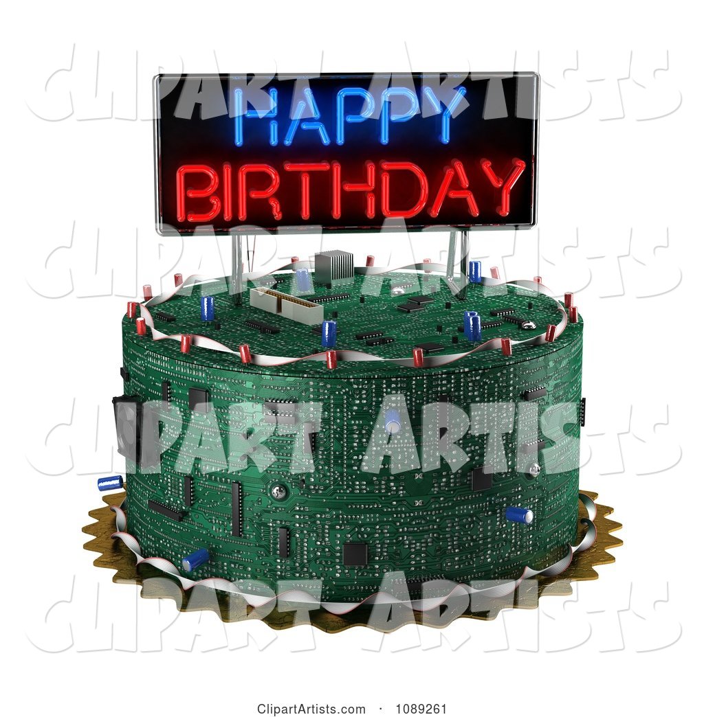 Computer Circuit Board Birthday Cake with a Neon Sign