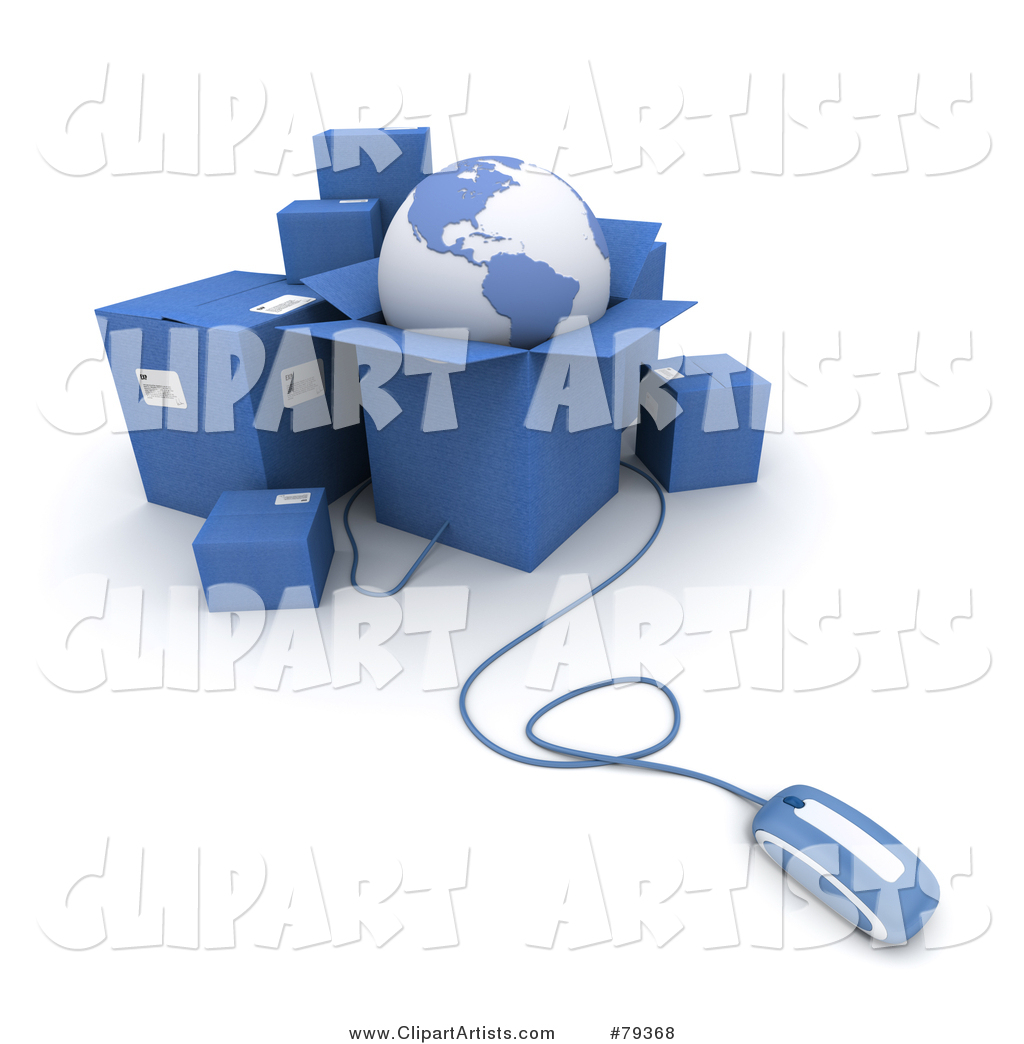 Computer Mouse Connected to Blue Shipping Boxes and a Globe - Version 2