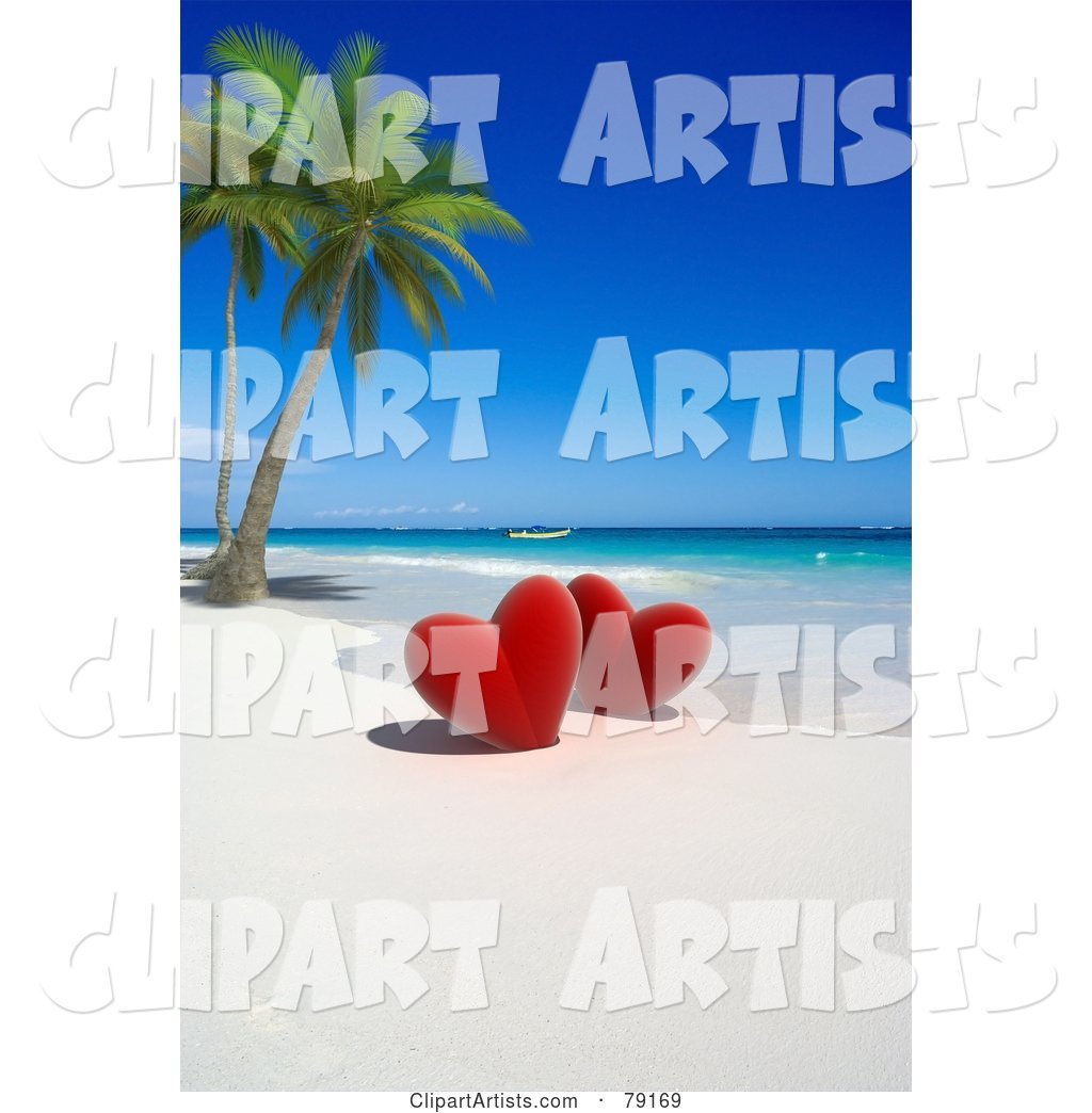 Couple of Red Hearts near Palm Trees on a Tropical Beach
