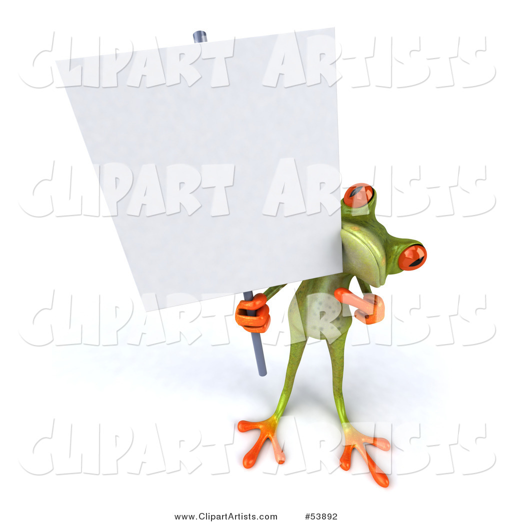 Cute Green Tree Frog Holding a Sign on a Post - Pose 2