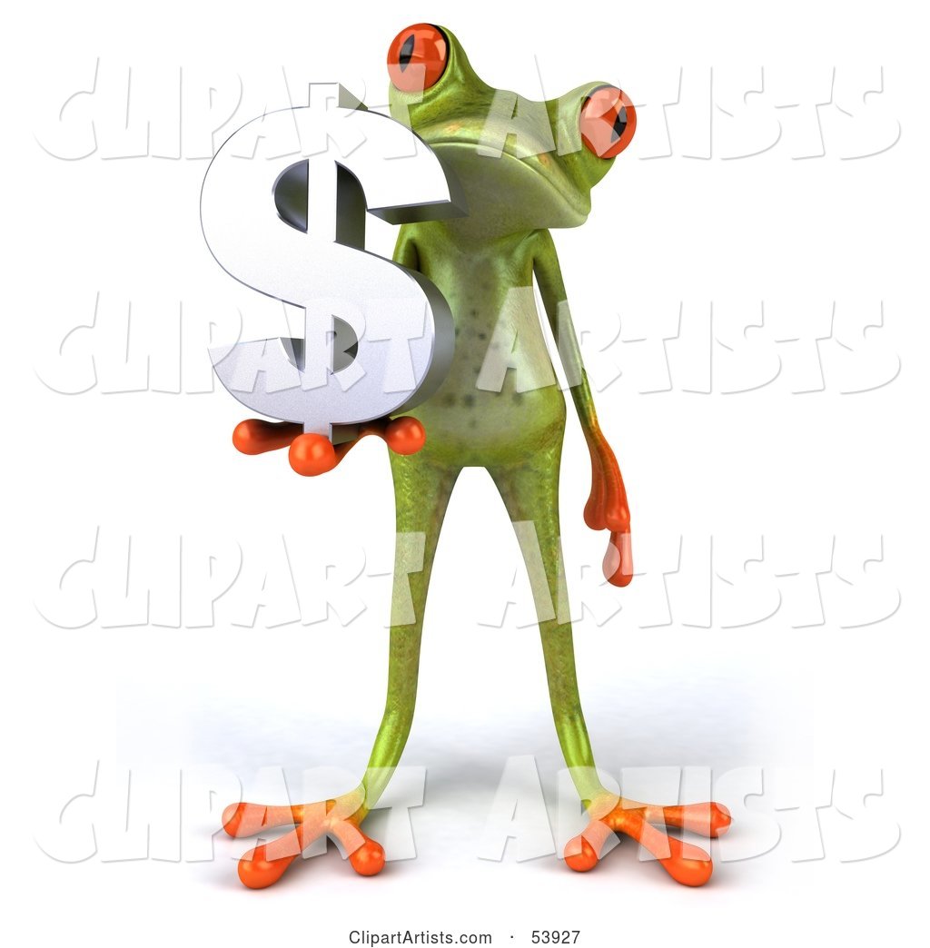 Cute Green Tree Frog Holding a Silver Dollar Symbol - Pose 1