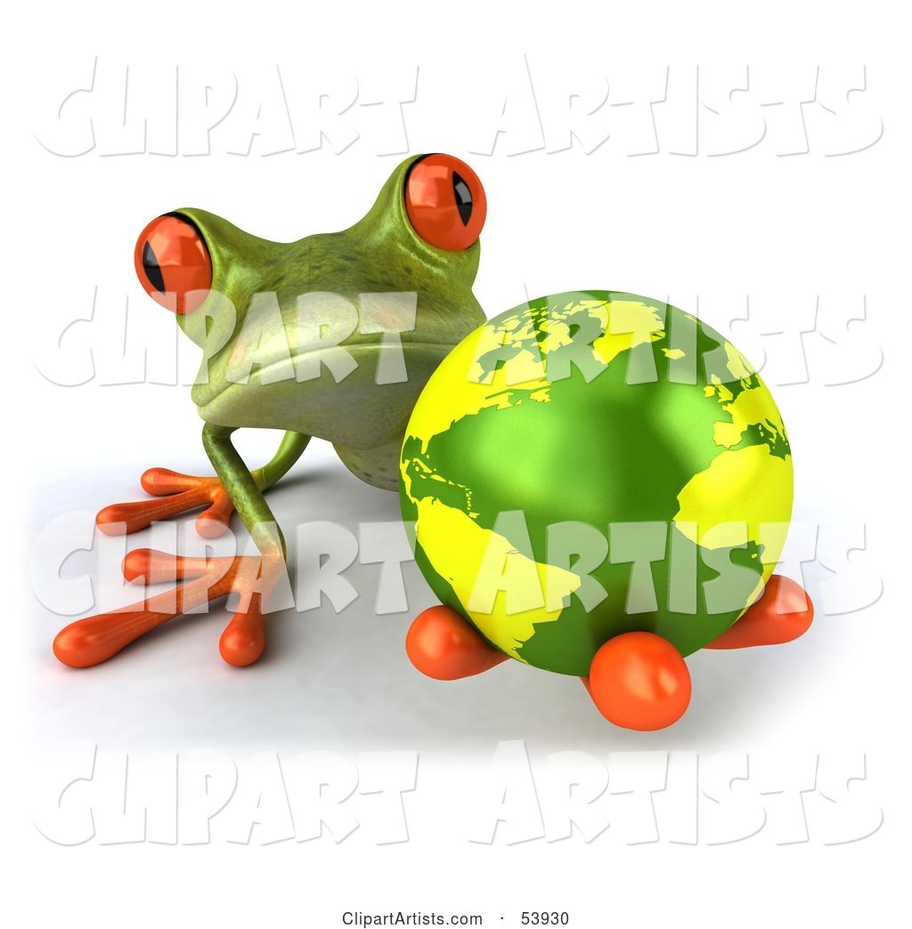 Cute Green Tree Frog Holding the Planet - Pose 1