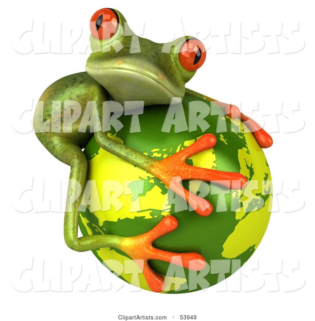 Cute Green Tree Frog Hugging the Planet - Pose 2