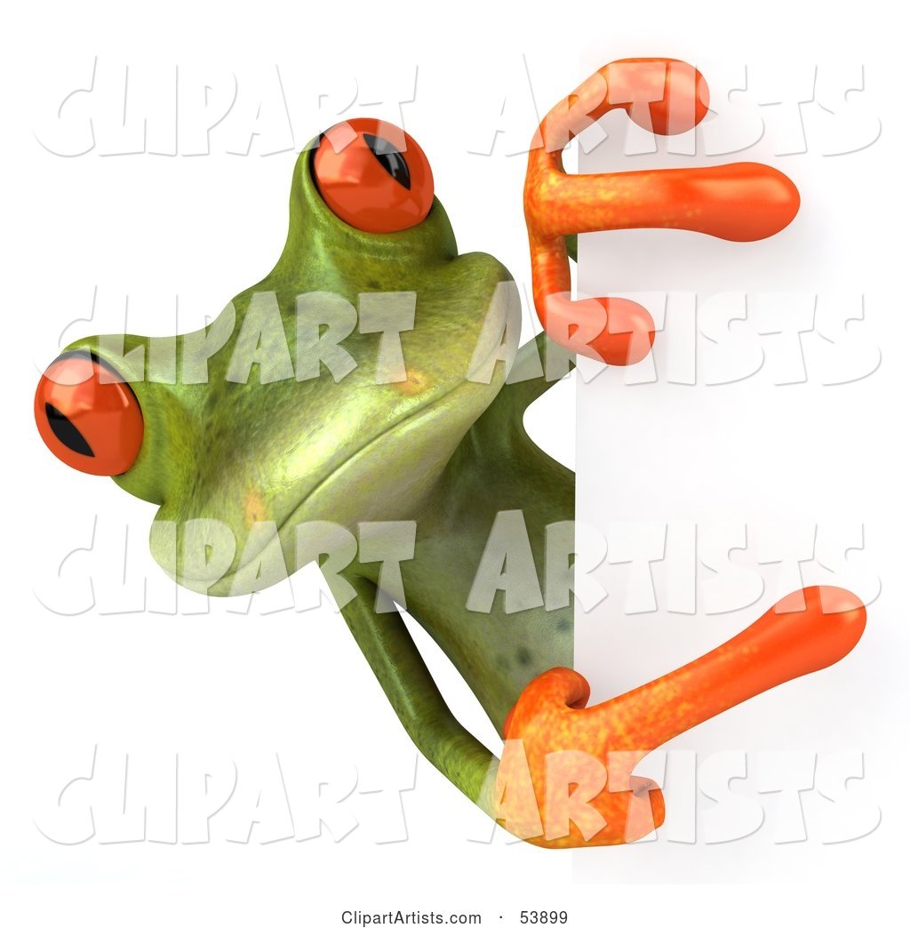 Cute Green Tree Frog Looking Around and Pointing to a Blank Sign