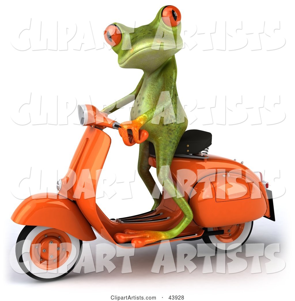 Cute Green Tree Frog Standing up on an Orange Scooter