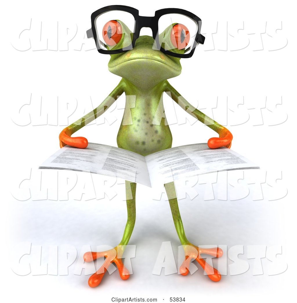 Cute Green Tree Frog Wearing Glasses and Reading - Pose 5
