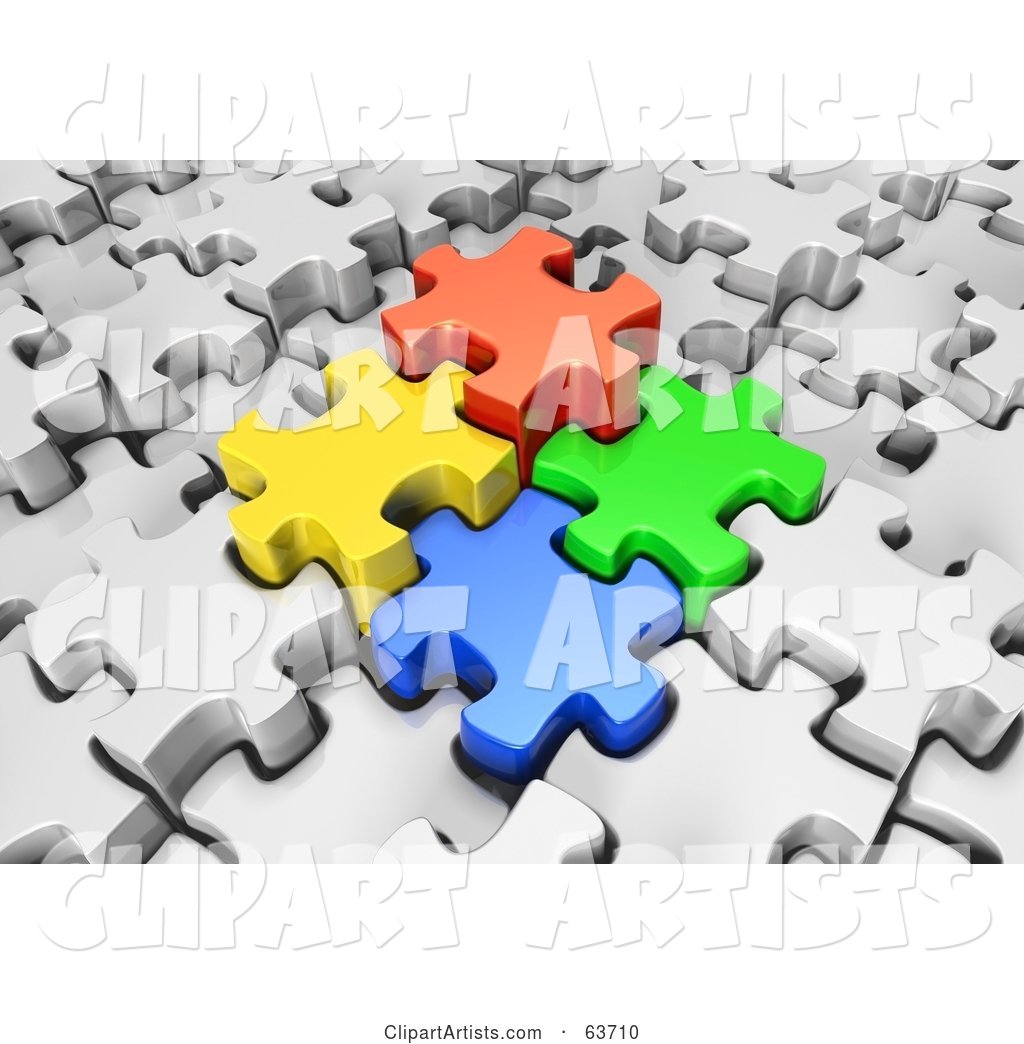Four Colored Puzzle Pieces Locking into Place in a White Jigsaw Puzzle