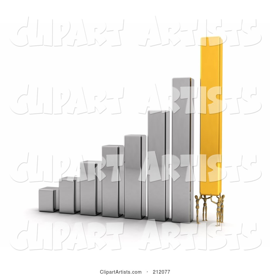 Four Wooden Mannequins Working Together to Lift a Bar on a Bar Graph