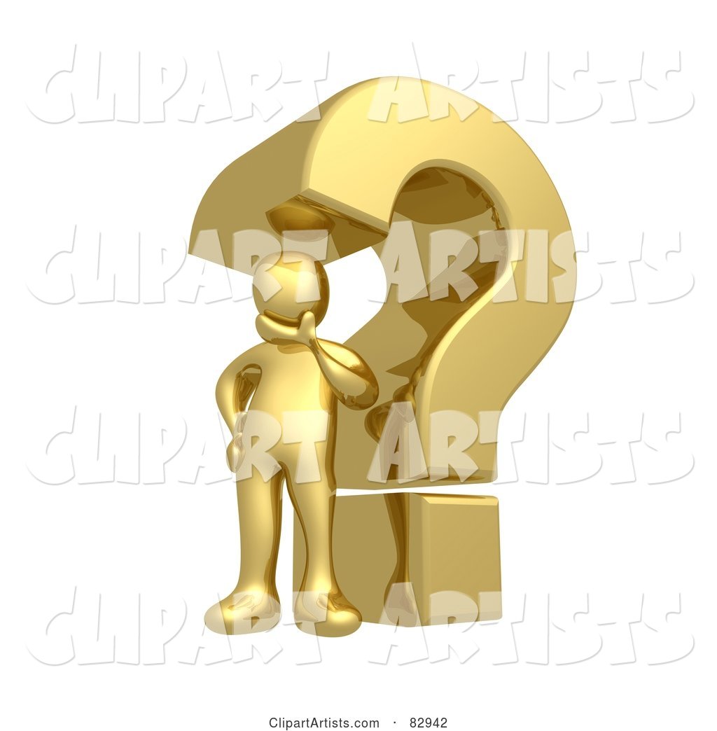 Golden Person Pondering Under a Question Mark
