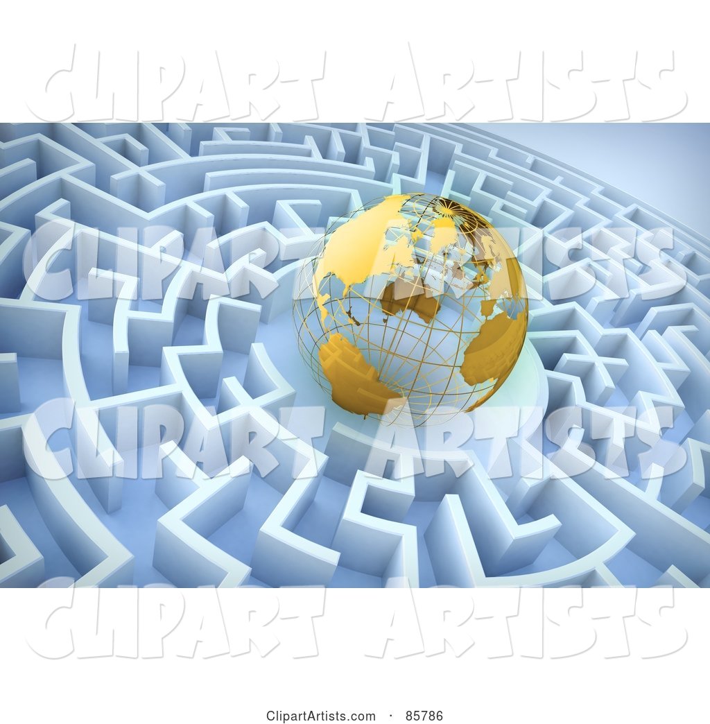 Golden Wire Globe in the Center of a Blue Maze