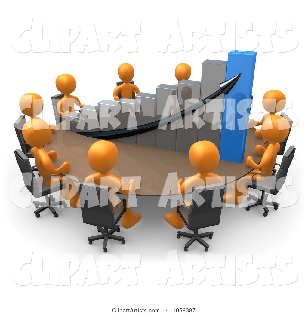 Orange People Discussing a Bar Graph at a Meeting Table