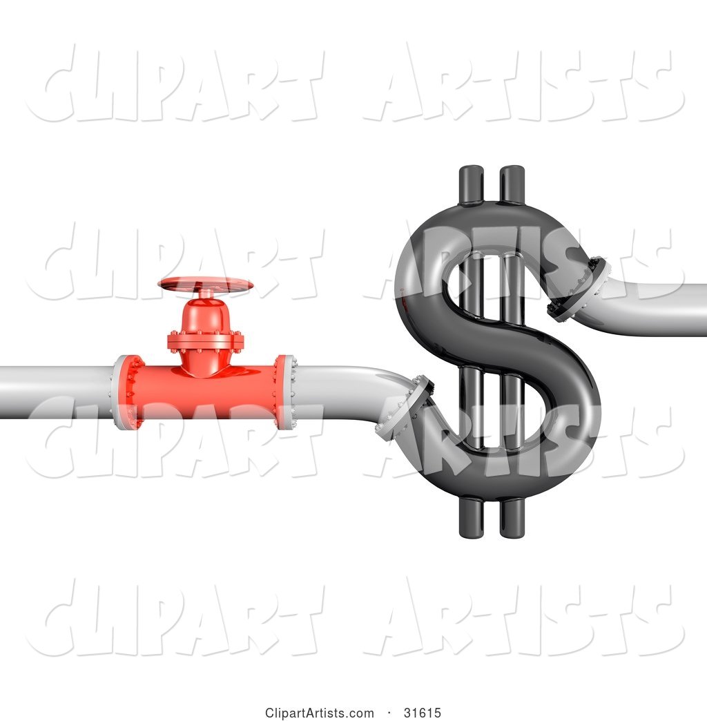 Piping and a Red Shut off Valve near a Dollar Sign, Symbolizing Wasting Money, Plumbing Costs and Debt