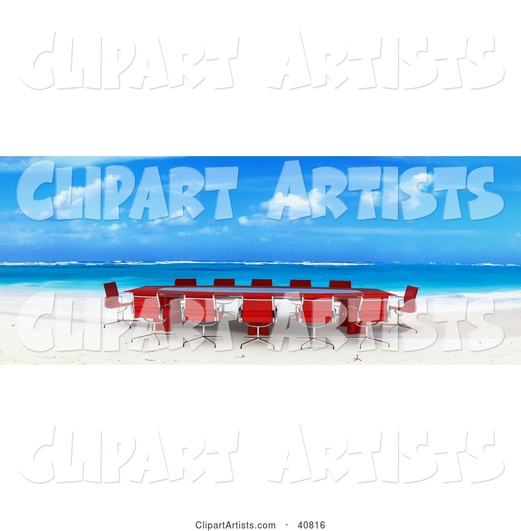 Red Conference Table and Chairs Set up on a Beach with White Sands and Blue Waters