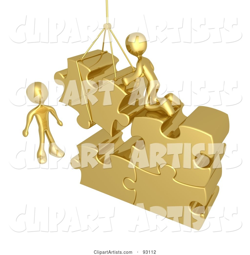 Rendered Gold Men Directing a Hoisted Puzzle Piece into a Space