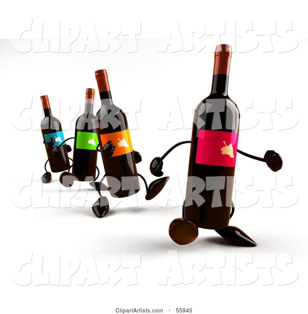 Row of Wine Bottle Characters Walking Forward - Version 1