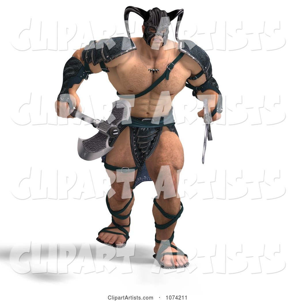 Strong Barbarian Man Holding a Sword and Axe 2