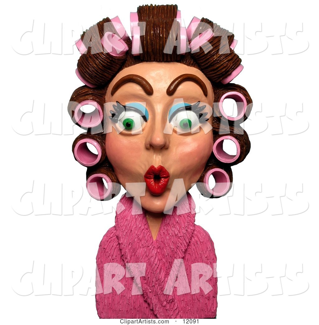Surprised Woman in a Pink Robe and Curlers