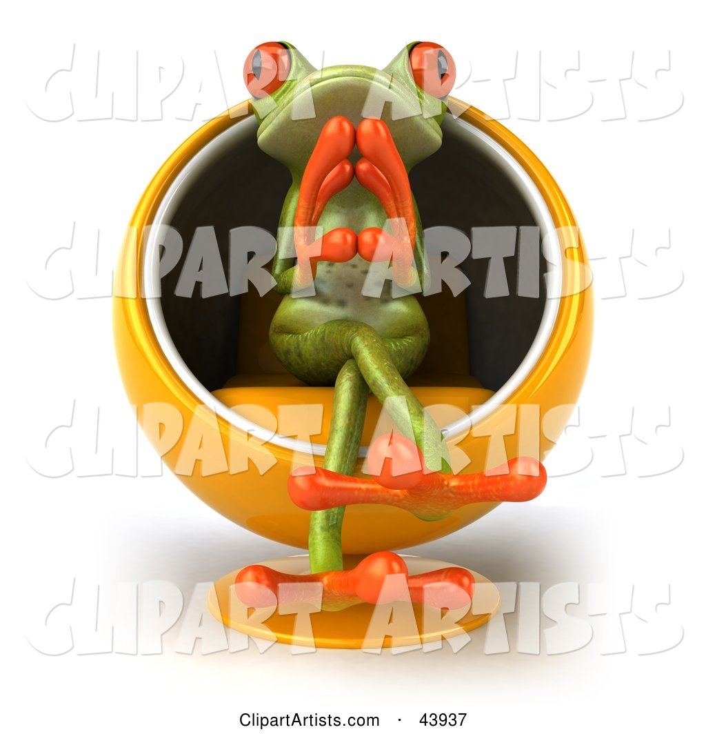 Thoughtful Green Tree Frog Sitting in an Orange Cccoon Chair