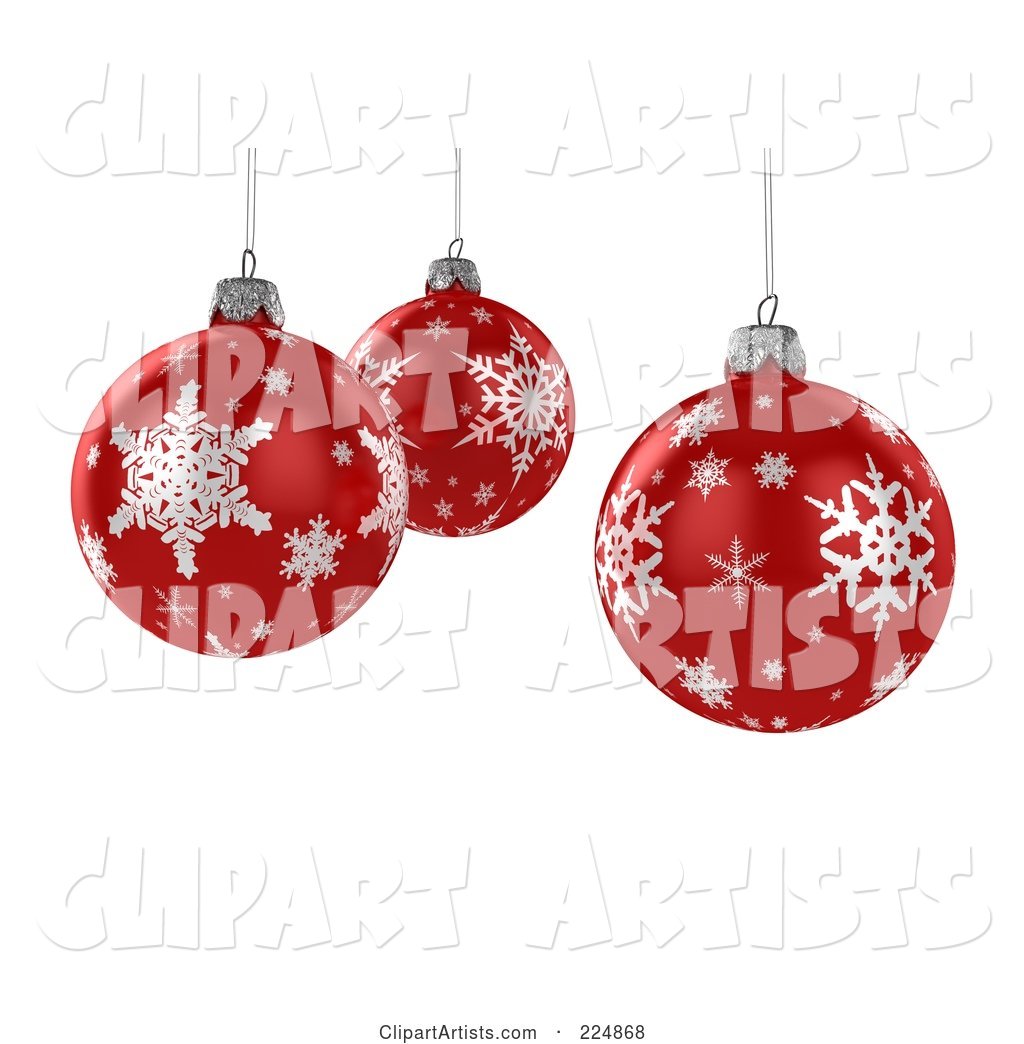 Three Suspended Red Christmas Balls with Snowflake Patterns