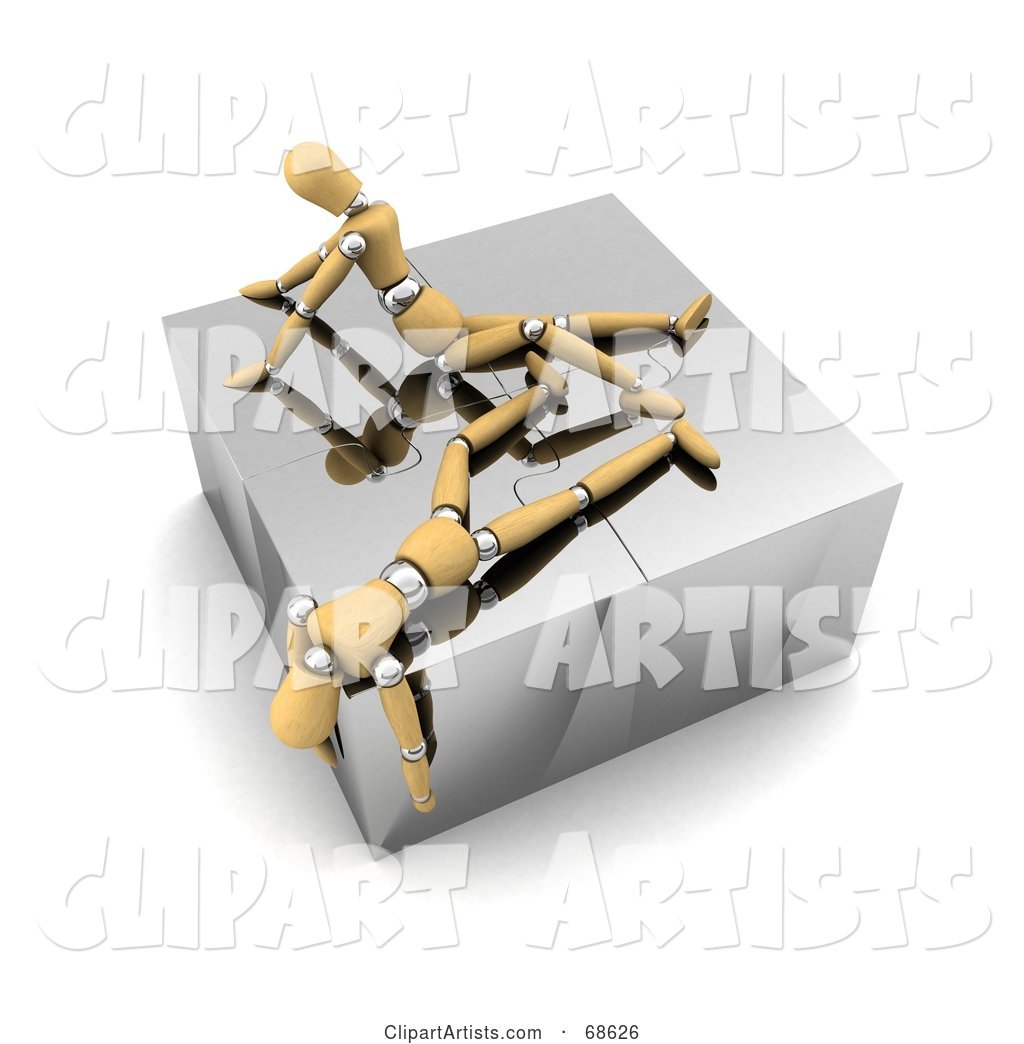 Two Exhausted Wood Mannequins on Top of a Complete Puzzle