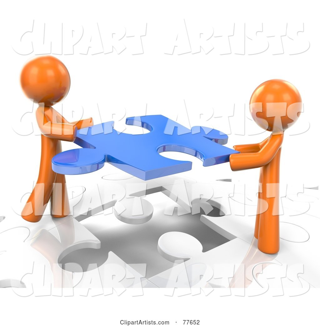 Two Orange Factor Men Inserting a Blue Piece into a Jigsaw Puzzle