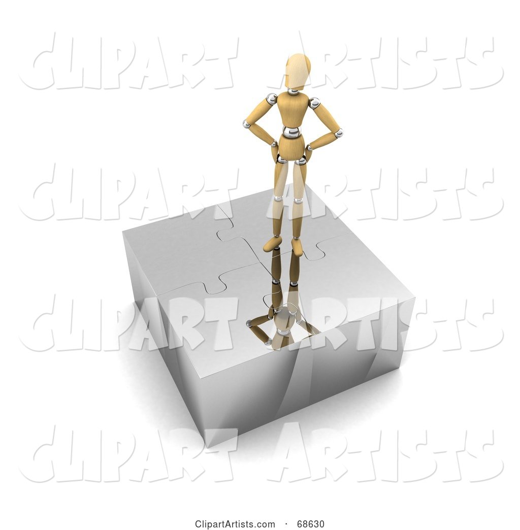 Wood Mannequin Standing on Top of a Complete Puzzle
