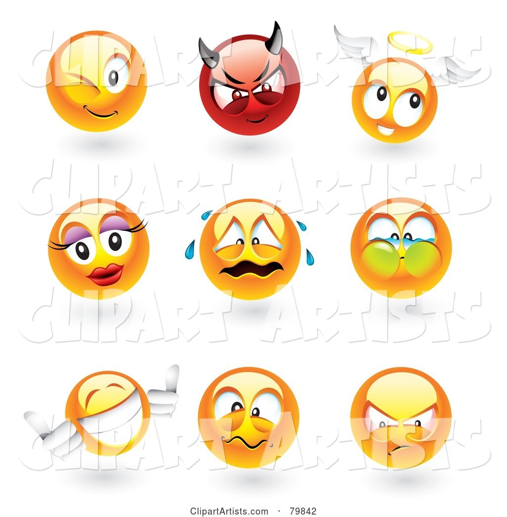 Digital Collage of Emoticon Faces; Winking, Devil, Angel, Feminine, Crying, Holding Breath, Thumbs Up, Mad and Upset