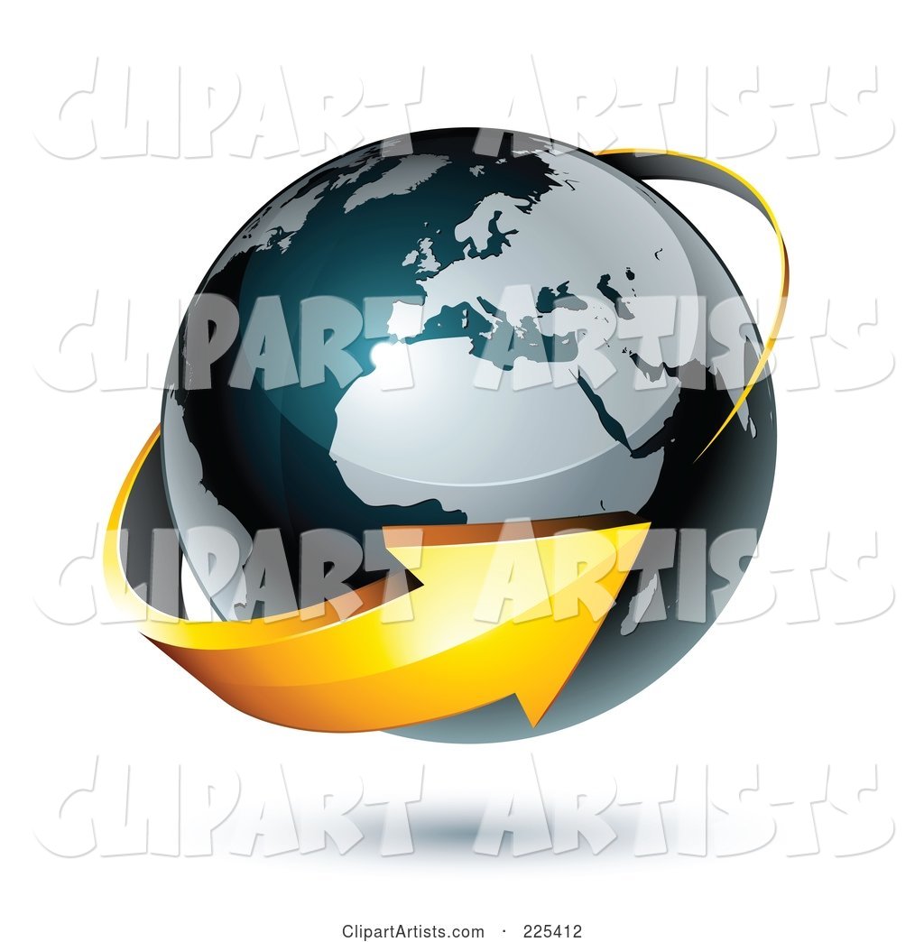 Orange Arrow Circling a Dark Blue African and European Globe