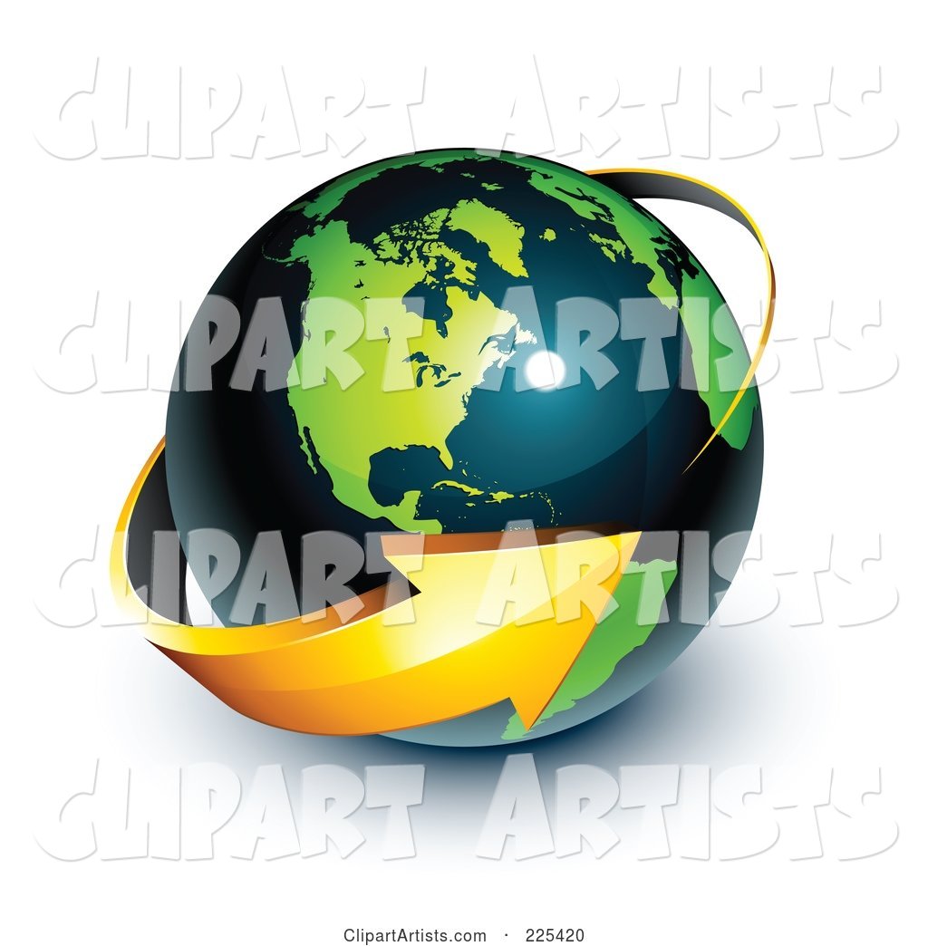 Orange Arrow Circling a Green and Dark Blue American Globe