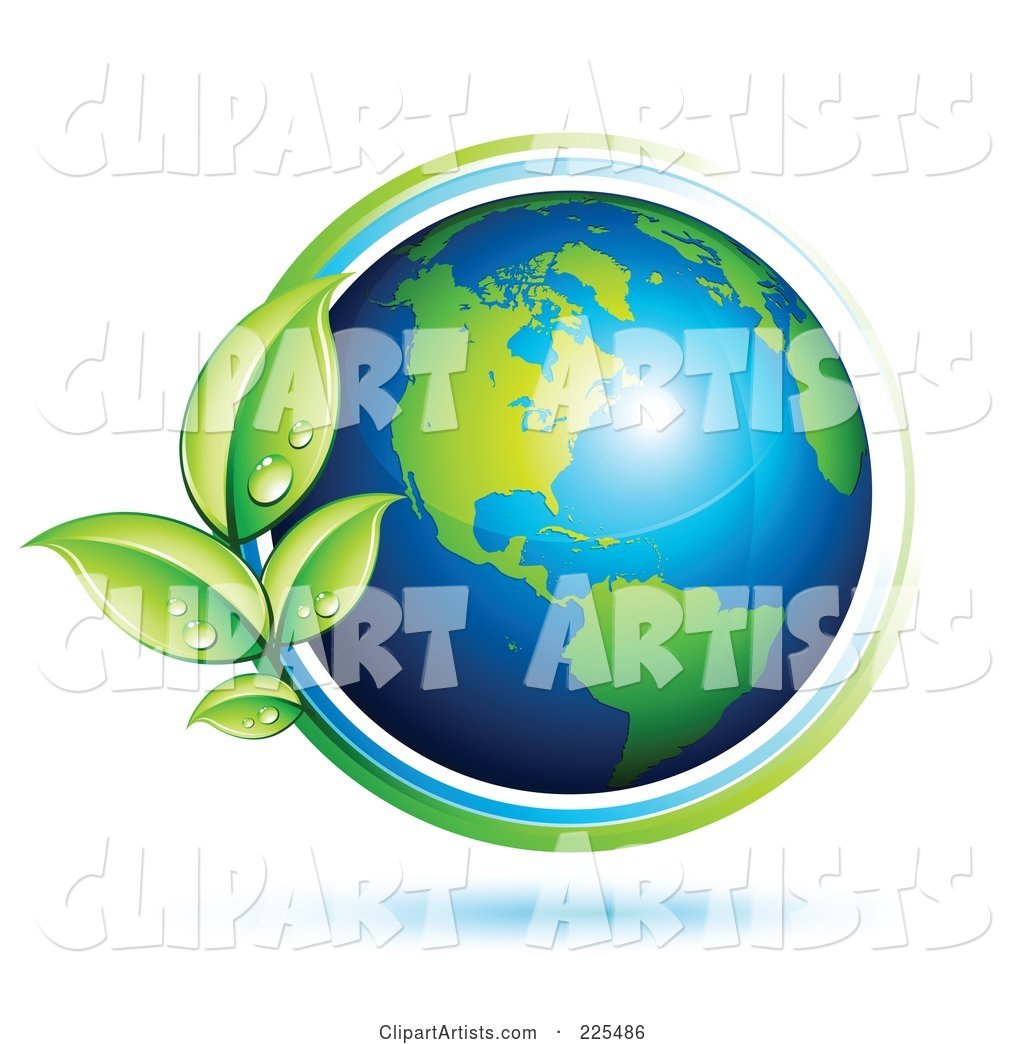 Shiny Green and Blue American Globe Circled with Blue and Green Lines and Dewy Leaves