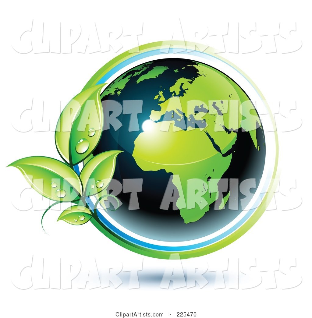 Shiny Green and Dark Blue African Globe Circled with Blue and Green Lines and Dewy Leaves