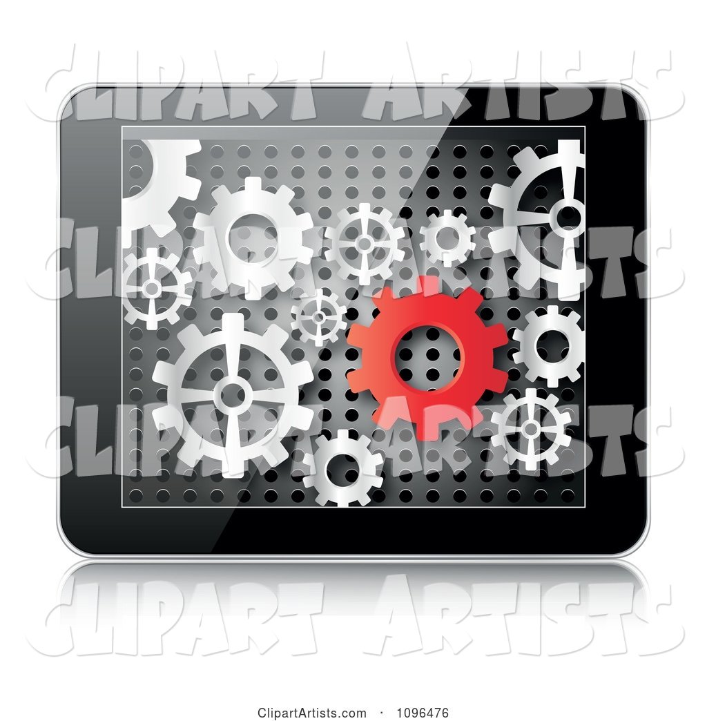 Tablet Computer with Red and Silver Gears on the Screen