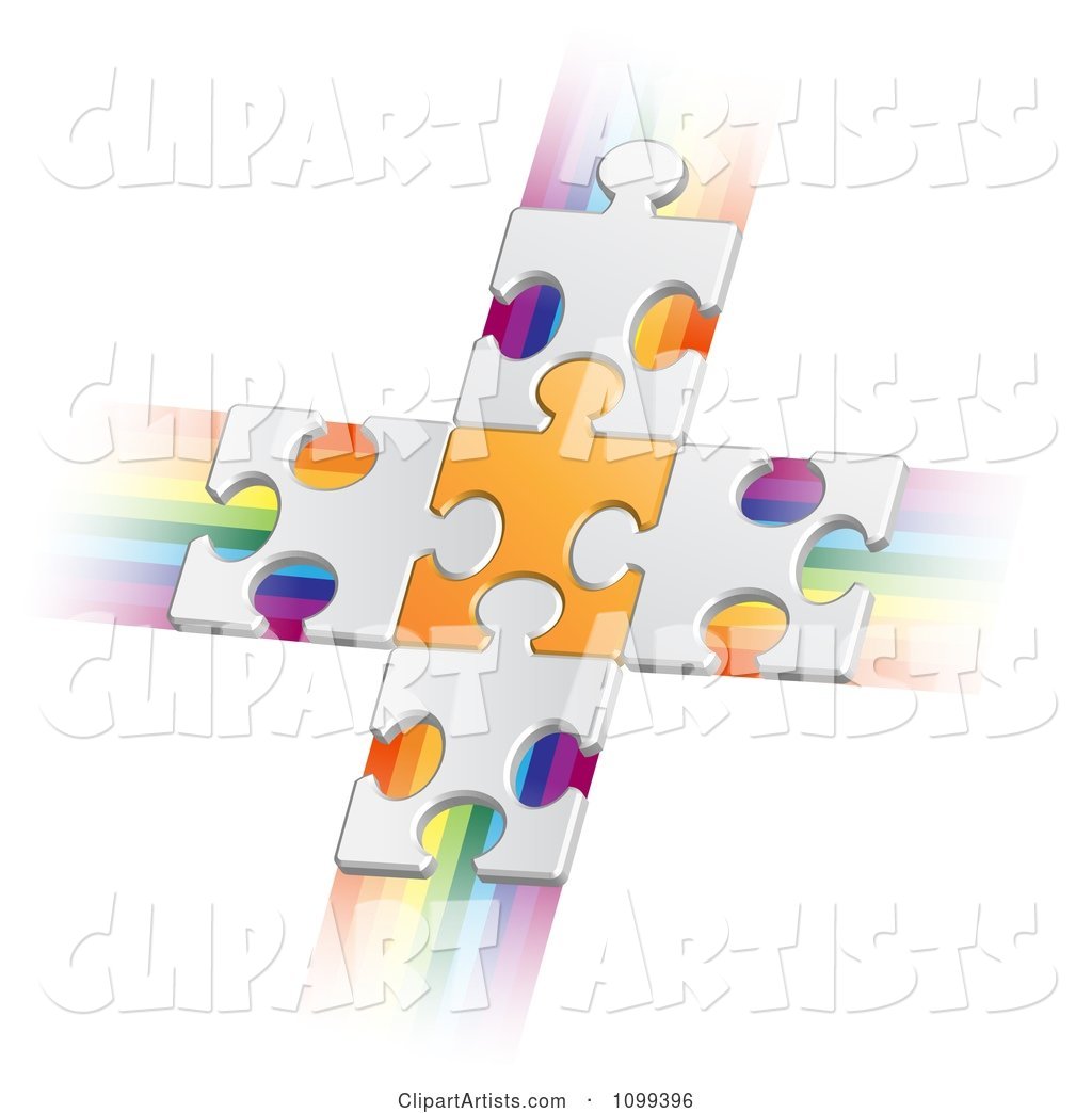 White Puzzle Pieces Connected to an Orange Piece Forming a Cross over Rainbow Streaks