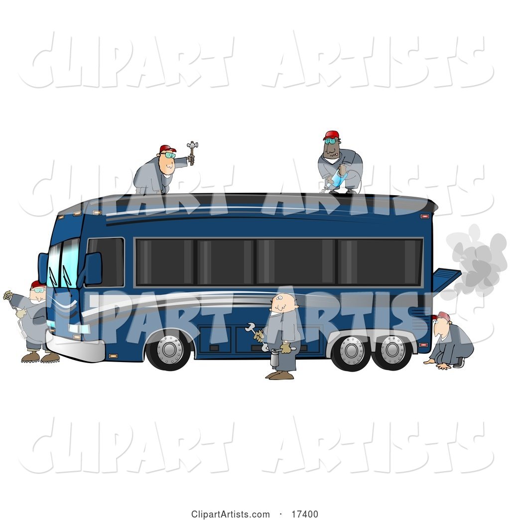 5 Male Mechanics Working Together to Fix and Repair a Broken down and Smoking Luxurious Blue Bus Conversion Rv Motorhome