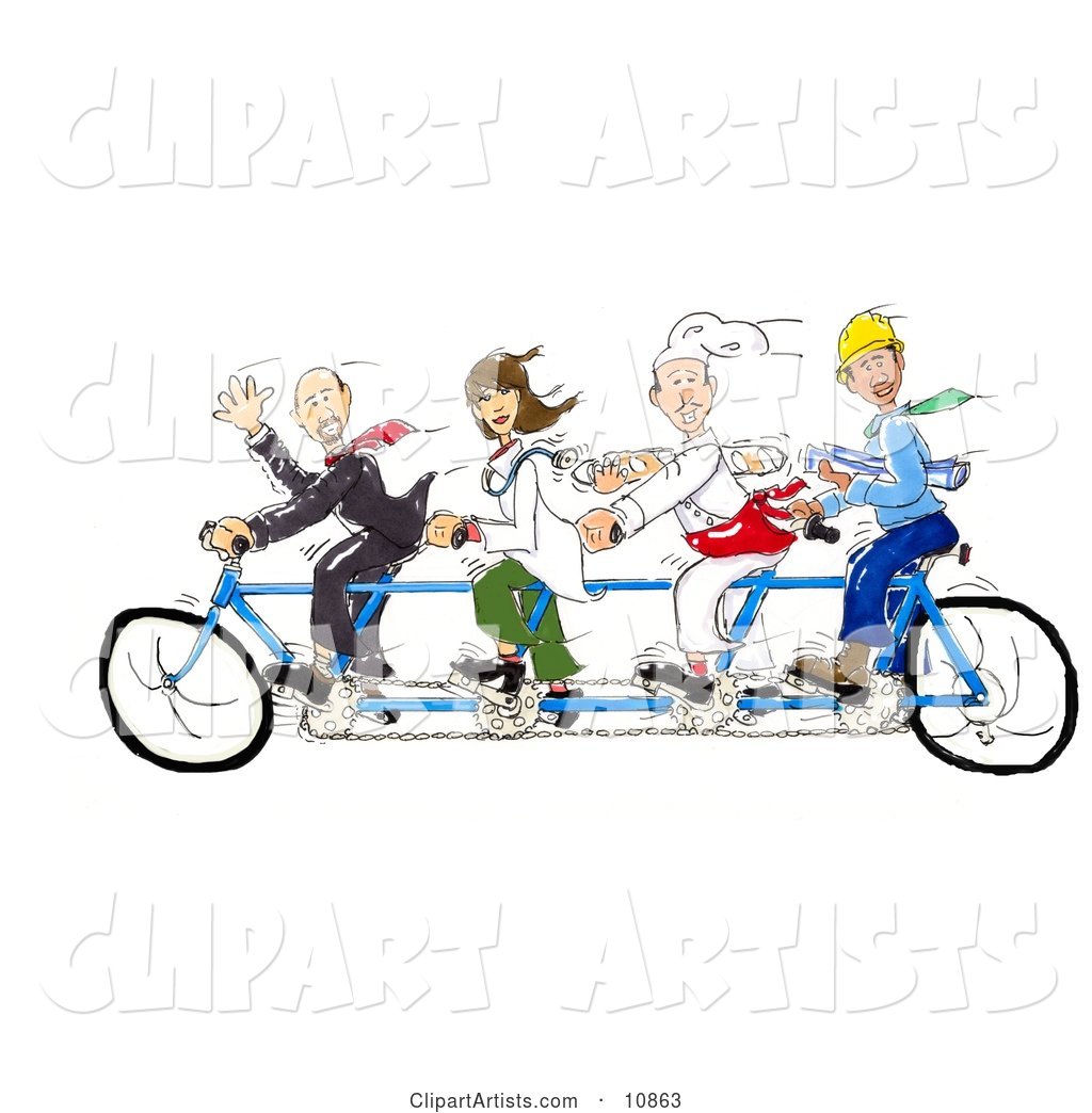 A Male Lawyer, Female Doctor, Male Chef and Male Contractor All Pedaling a Tandem Bicycle