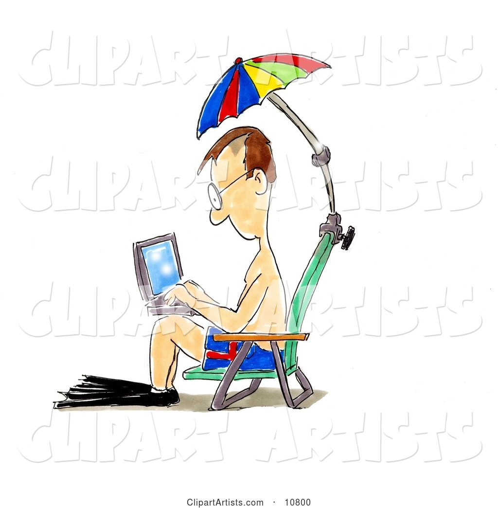 A Man in Swimming Gear, Seated in a Beach Chair Under an Umbrella, Surfing the Internet on a Laptop Computer