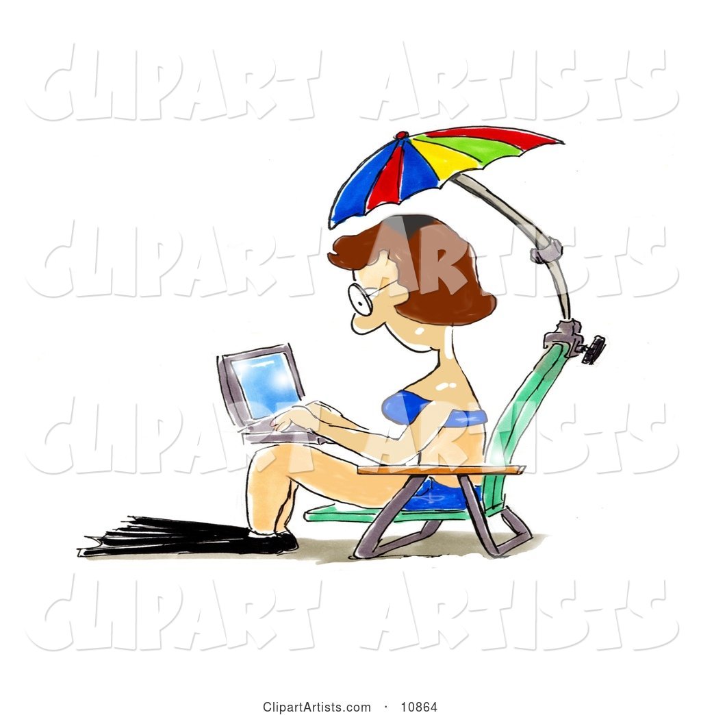 A Middle Aged Brunette Woman in a Blue Bikini and Flippers, Seated in a Beach Chair Under an Umbrella, Typing on a Laptop Computer
