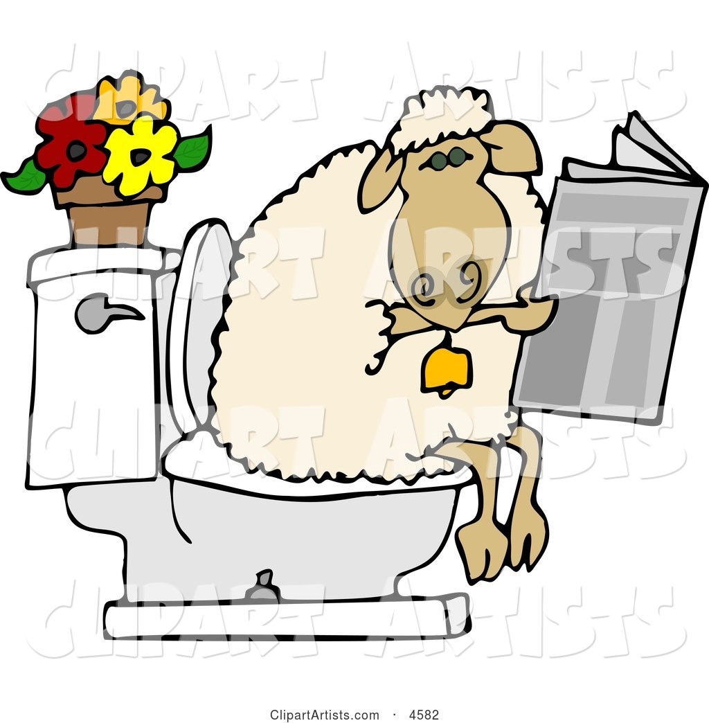 Anthropomorphic Sheep Going Poop in a Human Toilet and Is Reading a Newspaper