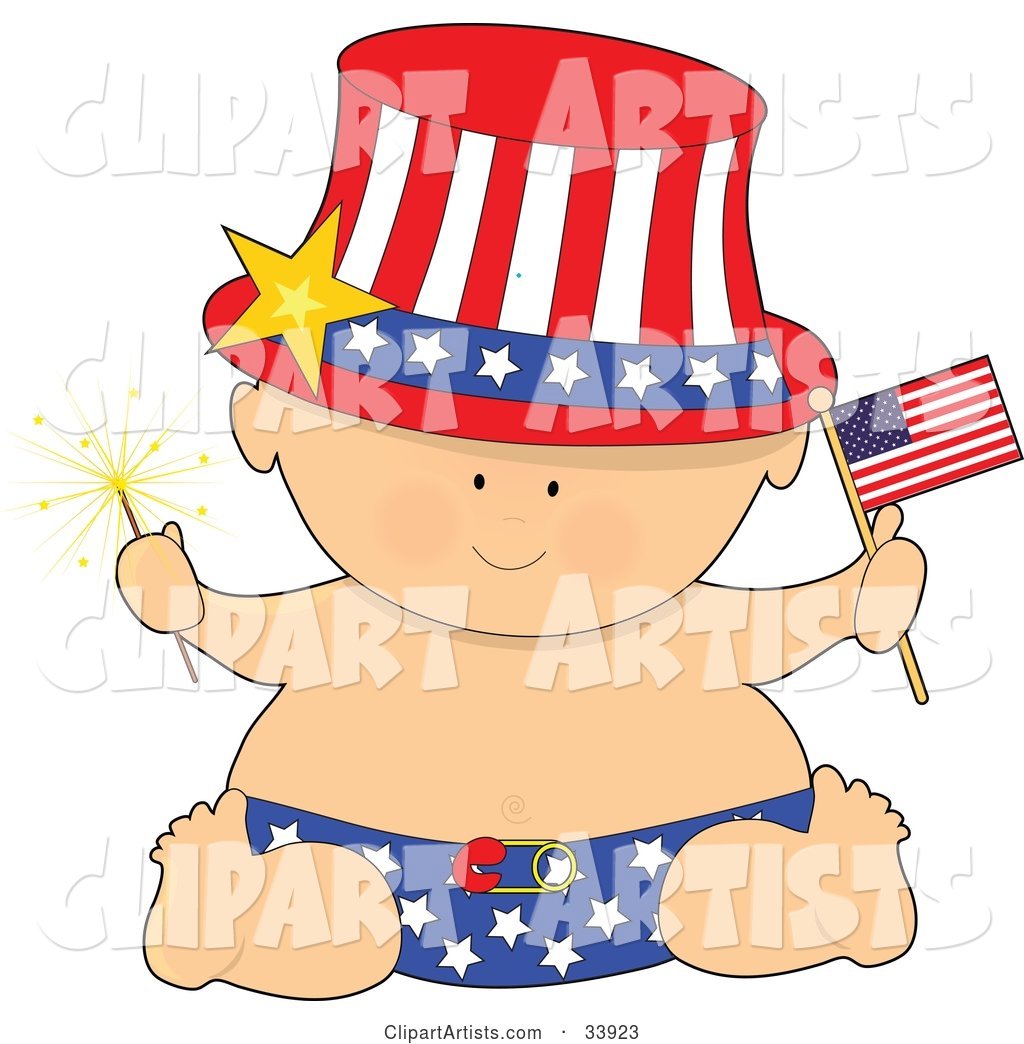 Baby in a Patriotic American Hat and Diaper, Holding a Sparkler and Flag on Independence Day