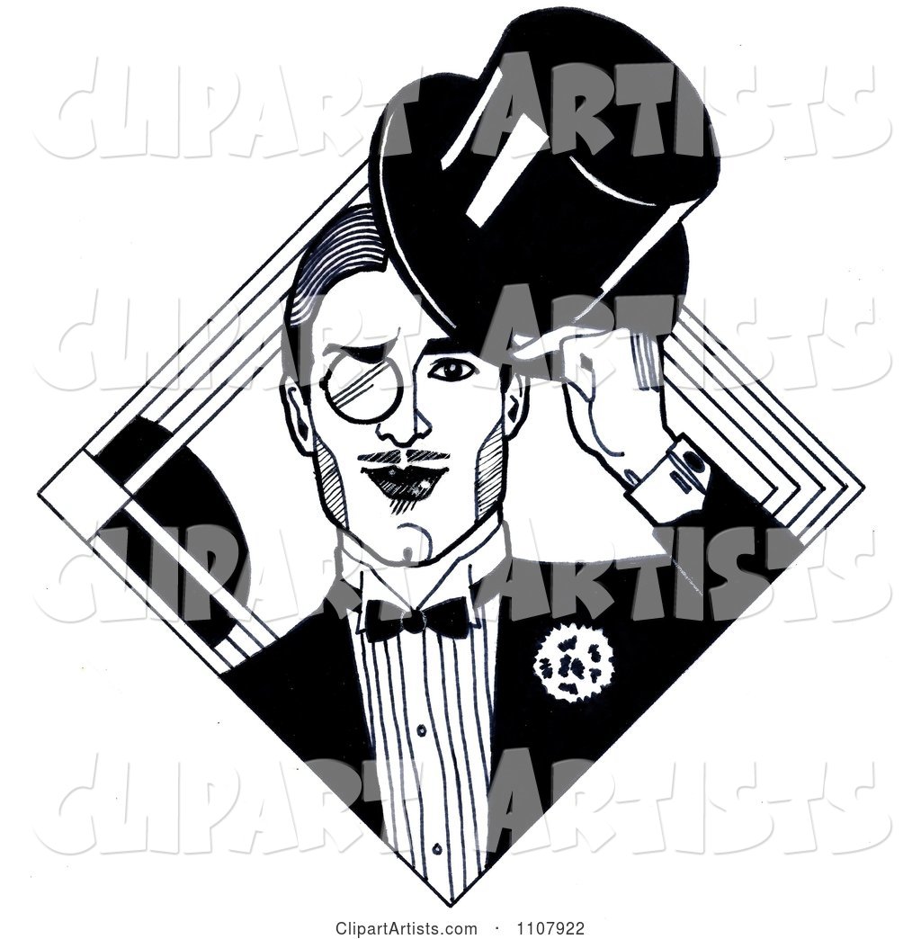Black and White Art Deco Styled Dandy Gentleman with a Monocle and Top Hat