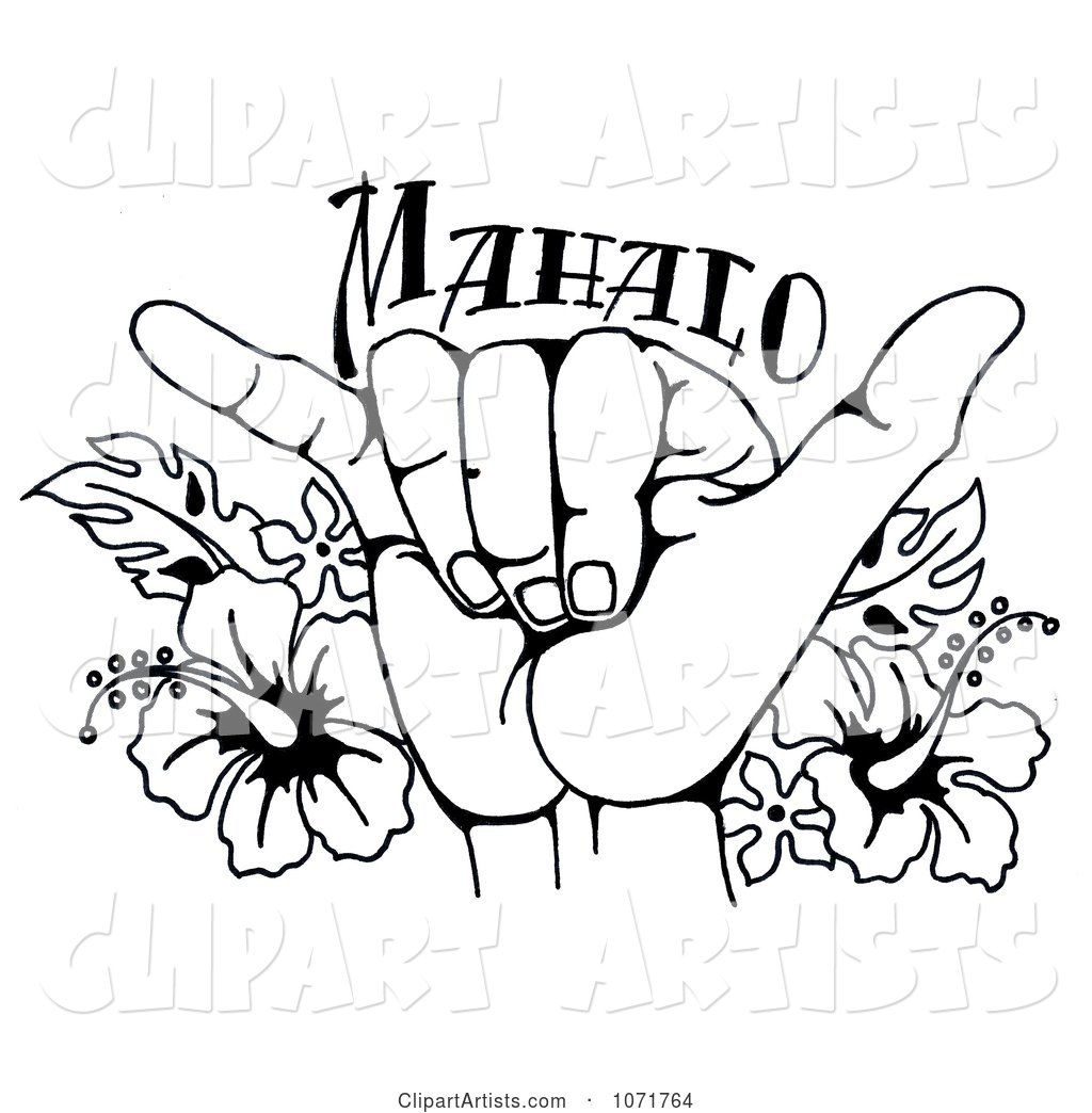 Black and White Hang Loose Shaka Hand and Hawaiian Hibiscus Flowers