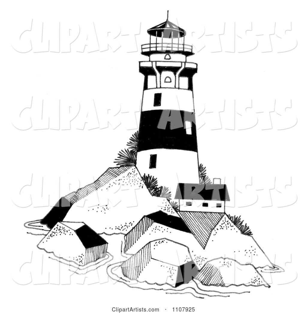 Black and White Lighthouse on a Rocky Island