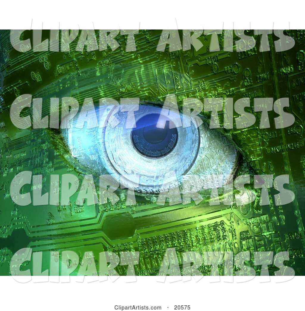 Blue Camera Lens Eyeball in a Robot Face Made of Green Circuits