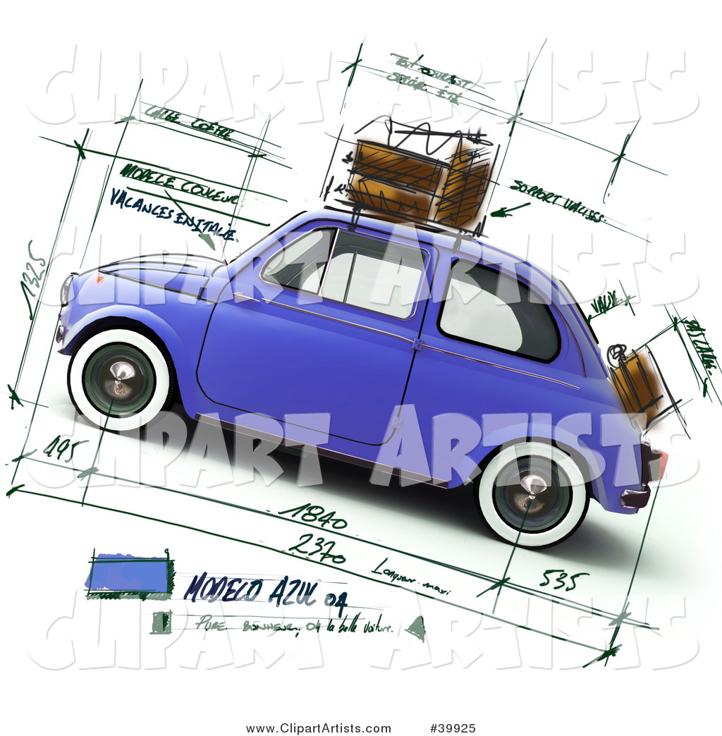 Blue Compact Car on a Design Sketch Background